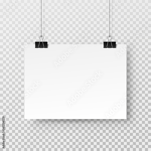 Blank paper sheet hanging on binder clip isolated on transparent background. Vector white poster or banner with shadow A4 format mockup
