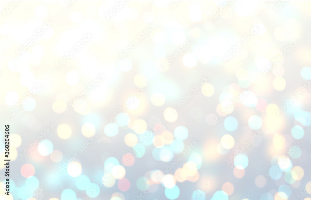 Holiday defocused bright lights. Bokeh blue yellow pastel empty background. Shimmer abstract texture. Glitter blurred pattern. 