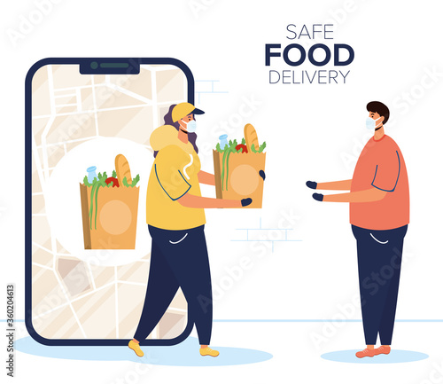 safe food delivery female worker with groceries bag and client in smartphone