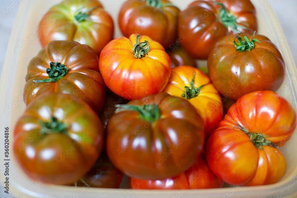 Close-up view of fresh tomatoes. Organic tomatoes grown in the village and standing in the basket. Close-up view of fresh tomatoes. Organic tomatoes grown in the village and standing in the basket.