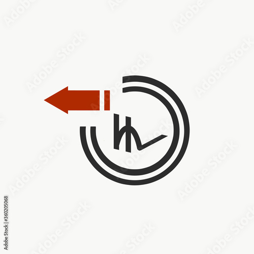 rupee sign with black circle and red arrow