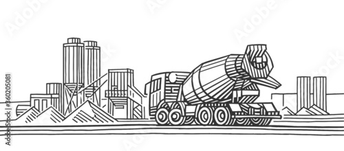 Concrete mixer truck in front of concrete batching plant/cement mixing silo monochrome illustration, isolated, vector.	
