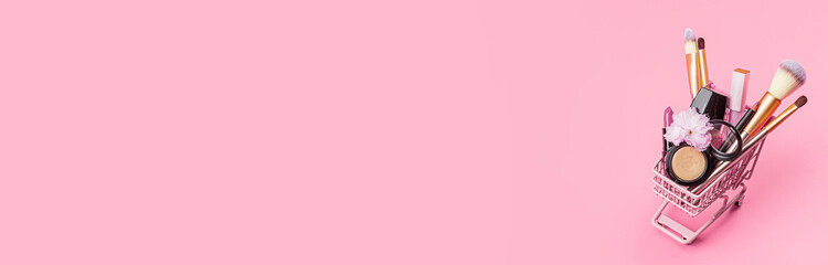 Cosmetic products on pink background. Horizontal web banner with copy space, mockup, template.