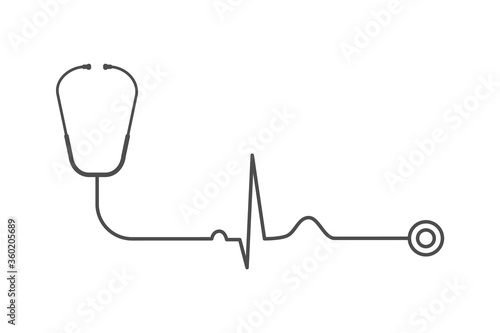 Stethoscope with heart rate on white background. Cardiology concept. Healthy heart. ECG or EKG. Heart sounds and murmurs. Normal pulse rate or heartbeat symbol. Vector illustration, flat, clip art. 