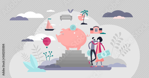 Budgeting plan and money saving flat tiny person concept vector illustration.