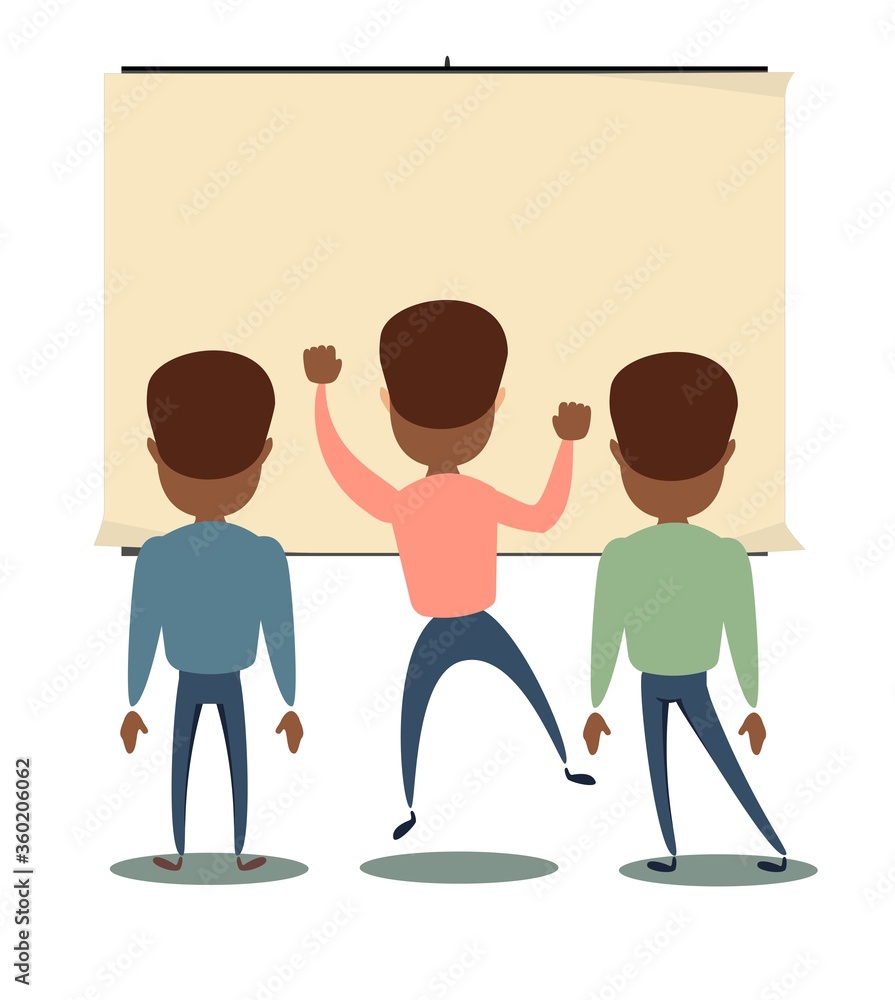 People are looking at the empty poster on wall - back view. Stock flat vector illustration. People are looking at the empty poster on wall - back view. Stock flat vector illustration.