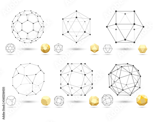 Set of geometric 3D polyhedron shapes from triangular faces for graphic design. Frame volumetric gold form with edges and vertices. Geometry scientific concept isolated on white