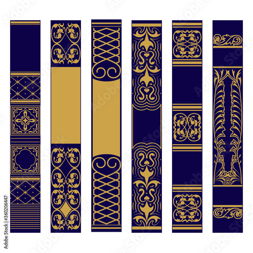 Vertical ornament set. Samples of spines or roots of the book. Ornate gold and blue pattern.