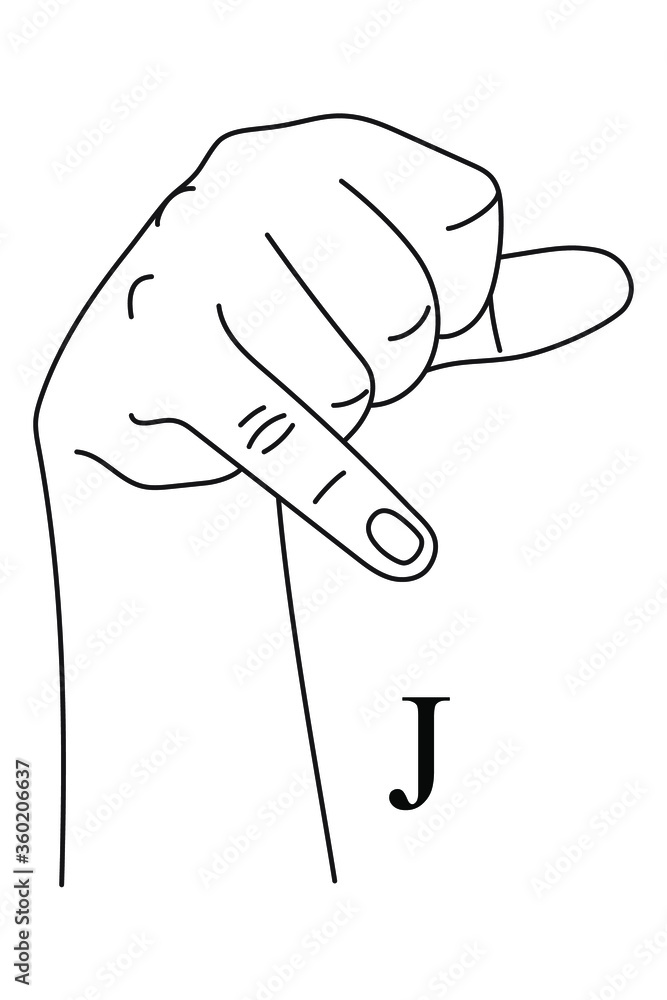 Hand gesture showing letter J on American Sign Language. Alphabetical symbol on deaf-mute language for communication. Vector illustration in outline style isolated on white background. Hand gesture showing letter J on American Sign Language. Alphabetical symbol on deaf-mute language for communication. Vector illustration in outline style isolated on white background.