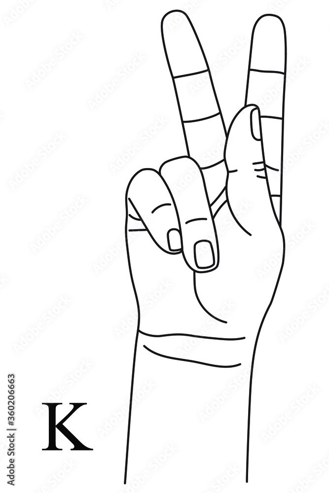 Hand gesture showing letter K on American Sign Language. Alphabetical