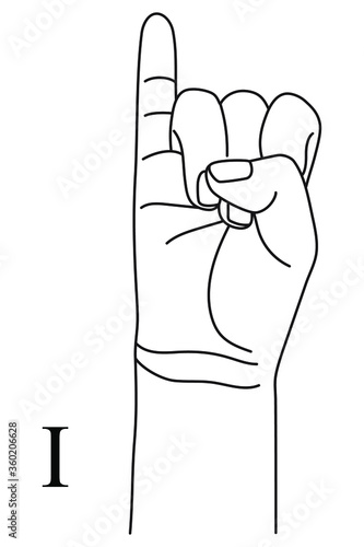 Hand gesture showing letter I on American Sign Language. Alphabetical symbol on deaf-mute language for communication. Vector illustration in outline style isolated on white background. 