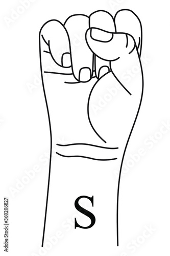Hand gesture showing letter S on American Sign Language. Alphabetical symbol on deaf-mute language for communication. Vector illustration in outline style isolated on white background. 