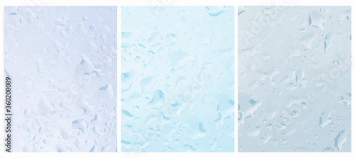 Simple Vector Layout with Rain Drops Flowing Down the Glass. Blue Water Drops. Wet Glass. Window Glass During Rain. Blue Rainy Background.
