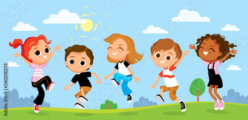 Children having fun outdoors. Group of pupils on outdoor break.