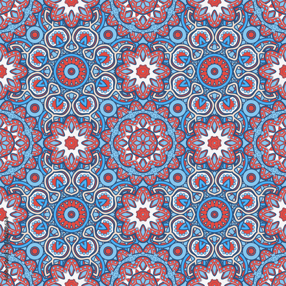 Vector laced Persian carpet. Seamless oriental pattern. Geometric tiles with mandala. Indian, Arabic festival style floral ornament. Bandanna shawl, tablecloth fabric print, scarf, kerchief design