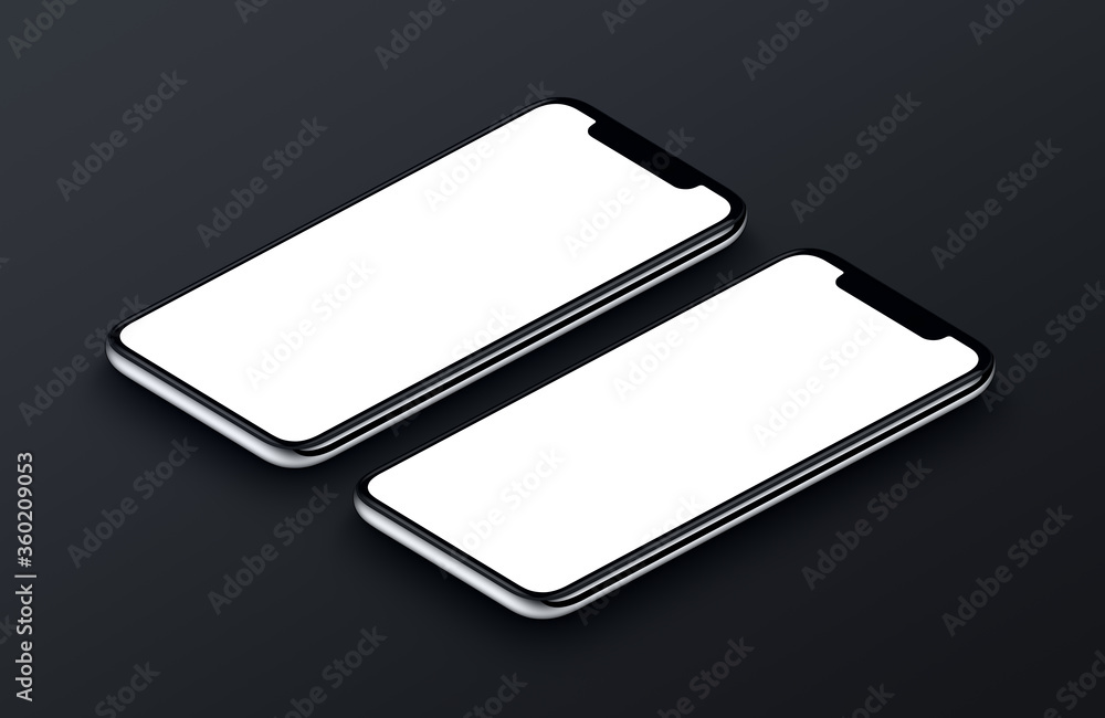 Two perspective view isometric smartphone mockup. New frameless smartphones front side mockup. Ready to use smartphone mock-up poster for mobile app UI or game presentation. Two perspective view isometric smartphone mockup. New frameless smartphones front side mockup. Ready to use smartphone mock-up poster for mobile app UI or game presentation.