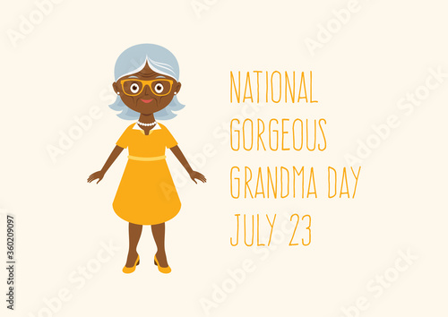 National Gorgeous Grandma Day vector. Stylish elderly african american woman icon. Happy and smiling elderly woman vector. Happy old woman icon. Modern elderly woman in a dress and glasses vector