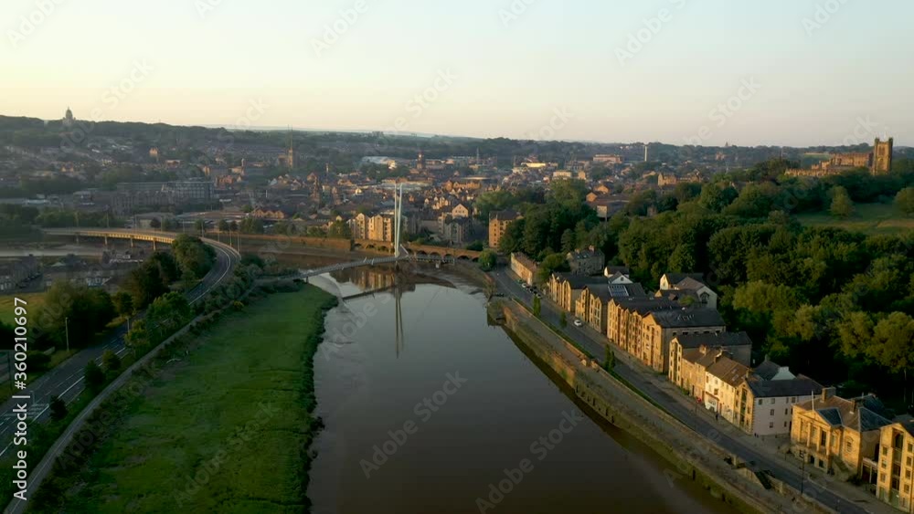 4K: Aerial Drone Video of City of Lancaster Skyline and River Lune at Dawn. Stock Video Clip Footage