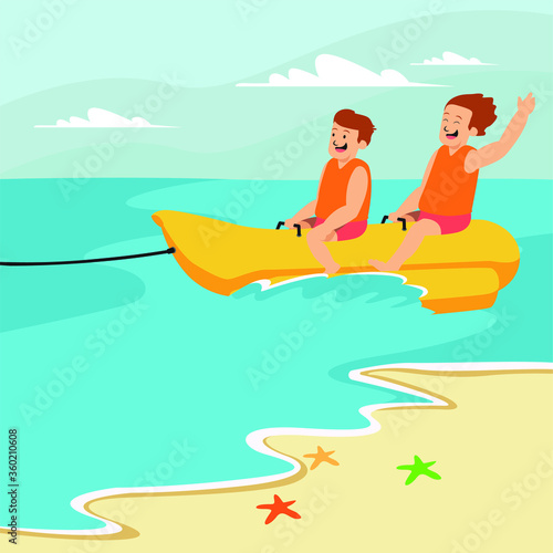 2 mans are riding banana boat together at the beach
