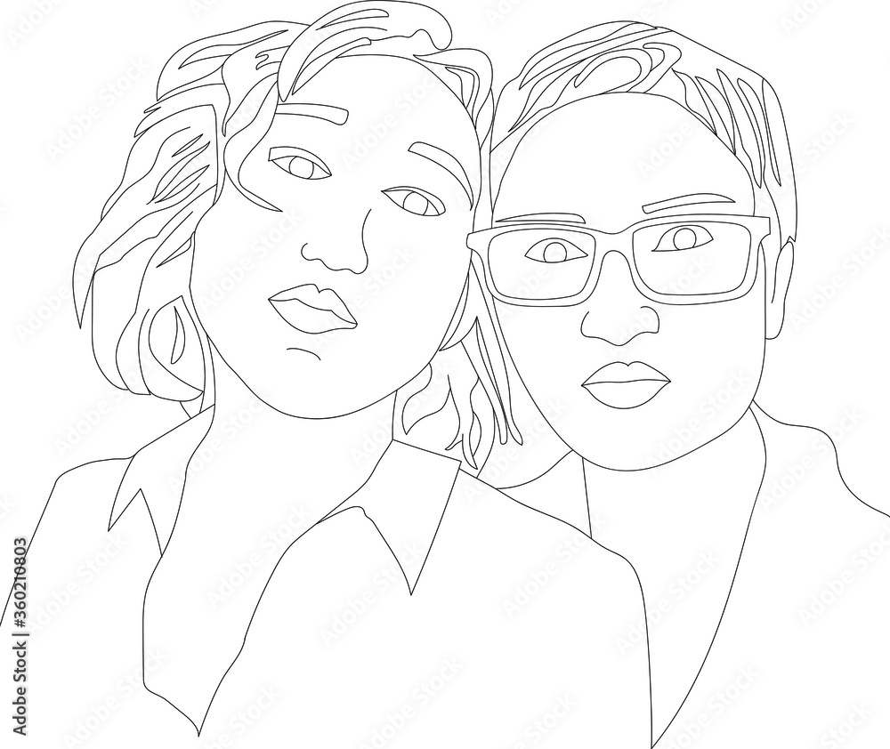Linear portrait of two women. Two friends. Minimalist beauty of women. The contour of an abstract drawing. vector illustration for t-shirts, tagline design print graphic style Linear portrait of two women. Two friends. Minimalist beauty of women. The contour of an abstract drawing. vector illustration for t-shirts, tagline design print graphic style