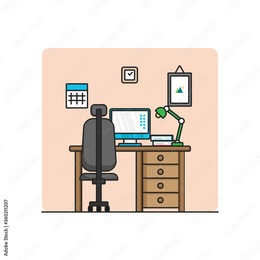 vector illustration computer set up for working interior room flat design concept vector illustration computer set up for working interior room flat design concept