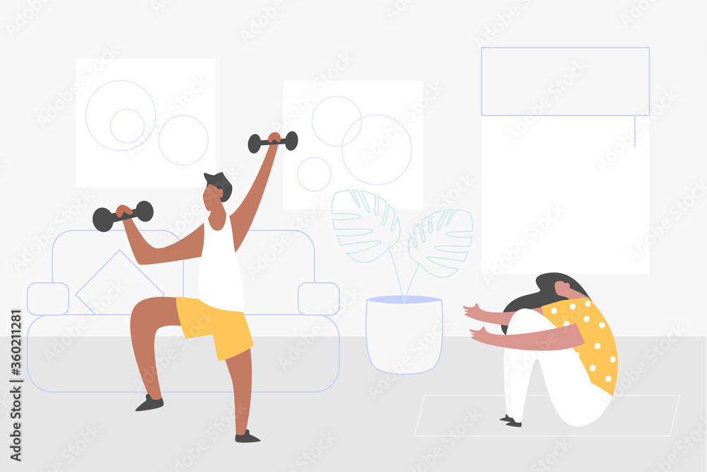 Fototapeta premium Online fitness at home. Sport exercising vector people