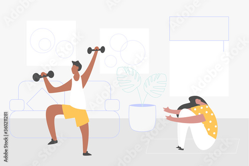 Online fitness at home. Sport exercising vector people