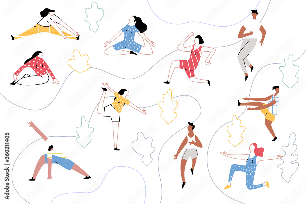 Exercising people. Outdoor sport activity, vector illustration
