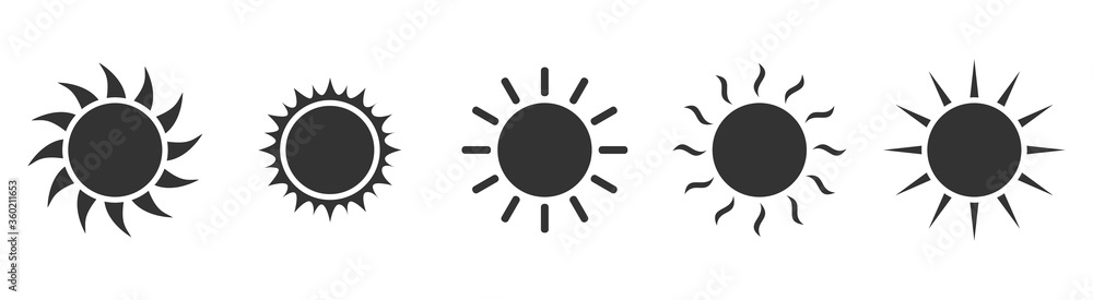 Black sun, vector icon set isolated on white background. Black sun, vector icon set isolated on white background.