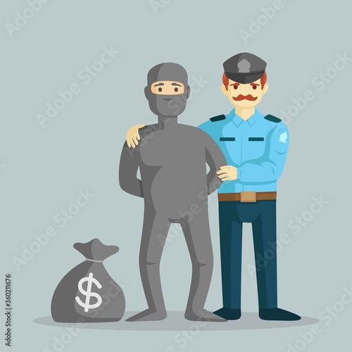 a policeman catches a thief with a sack of money vector illustration