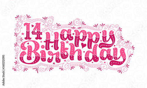 14th Happy Birthday lettering, 14 years Birthday beautiful typography design with pink dots, lines, and leaves.