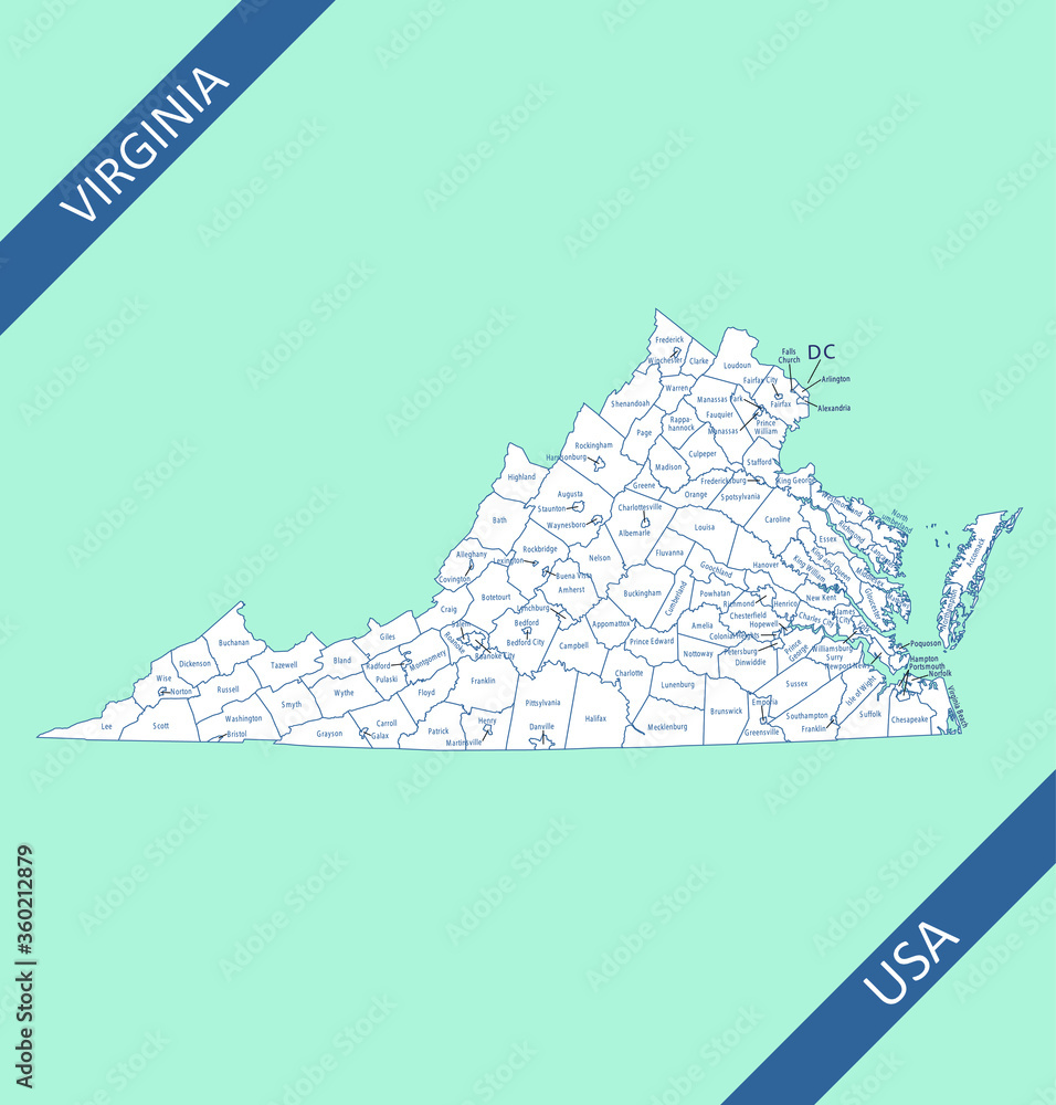 Counties map of Virginia labeled Stock Vector | Adobe Stock