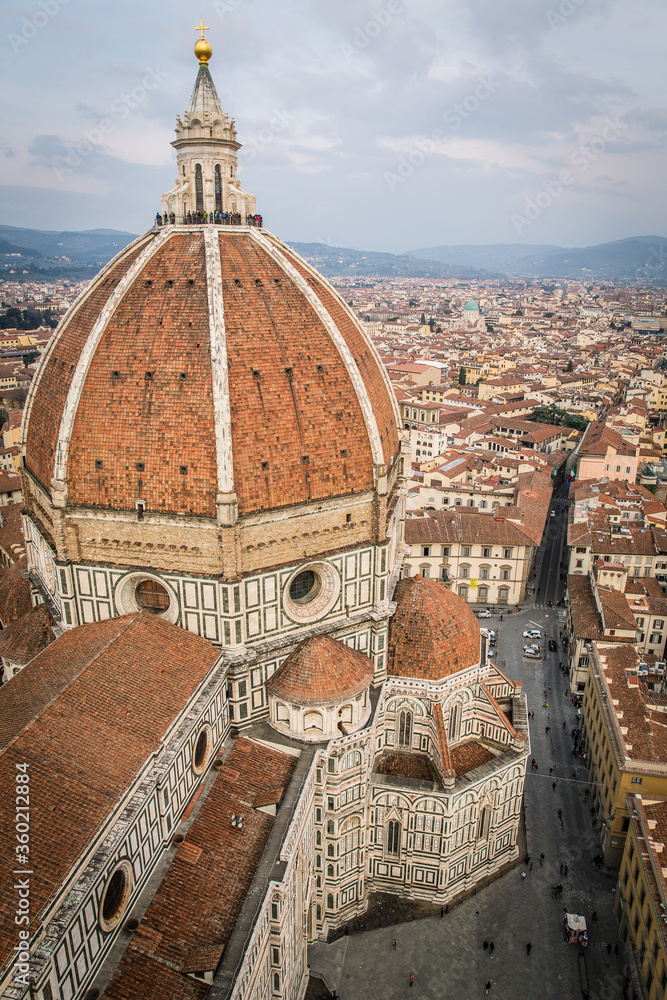 The dome of the Cattedrale di Santa Maria del Fiore (Florence Cathedral) in Piazza del Duomo as seen from the Giotto's Campanile (bell tower), Florence, Tuscany, Italy