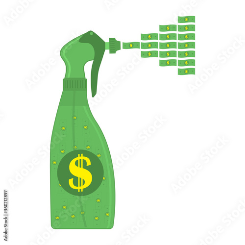 Spray of money and dollars from a sprayer. A lot of money is sprayed from the dispenser nozzle into the air. Vector illustration.