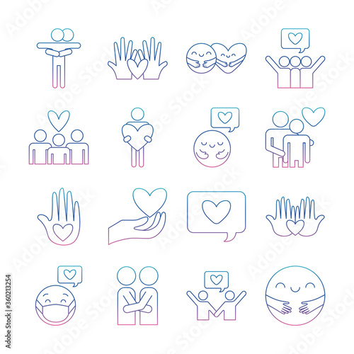 Hug and love degraded line style icon set vector design