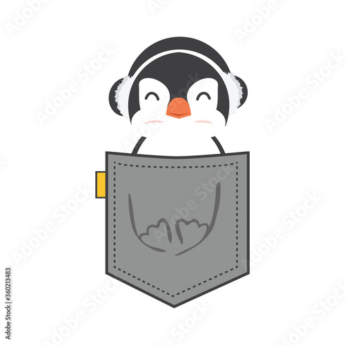 Penguin with ear muffs vector in the pocket Flat Style Design