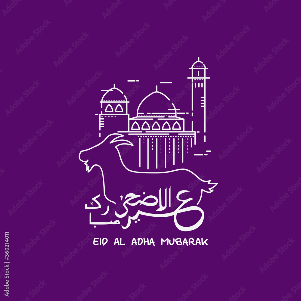 Obraz premium Line art design mosque, goat and arabian lettering eid al adha vector illustration