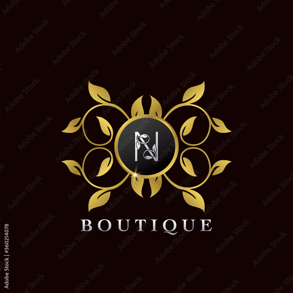 Obraz premium Golden N Letter Luxury Frame Boutique Initial Logo Icon, Elegance logo letter design template