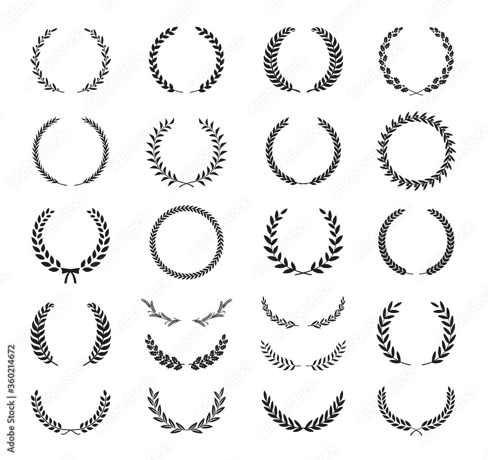 Set of different black and white silhouette round laurel foliate, wheat, oak and olive wreaths depicting an award, achievement, heraldry, nobility, emblem. Vector illustration. Set of different black and white silhouette round laurel foliate, wheat, oak and olive wreaths depicting an award, achievement, heraldry, nobility, emblem. Vector illustration.