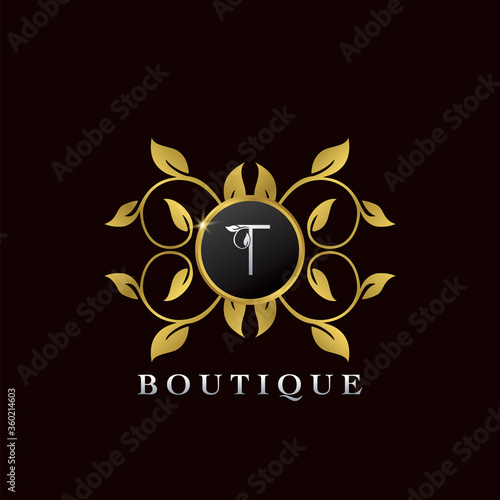 Fototapeta Naklejka Na Ścianę i Meble -  Golden T Letter Luxury Frame Boutique Initial Logo Icon, Elegance logo letter design template