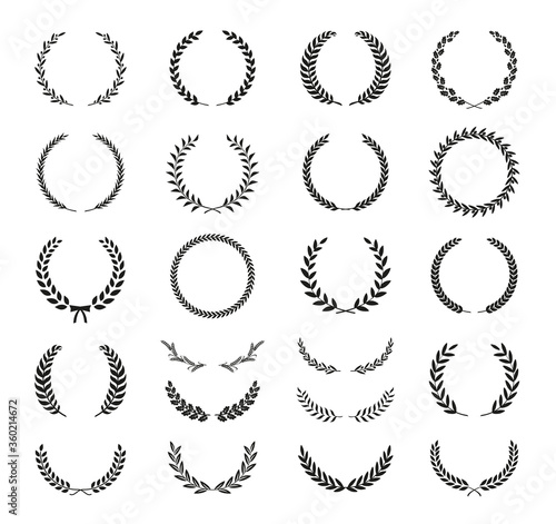 Set of different black and white silhouette round laurel foliate, wheat, oak and olive wreaths depicting an award, achievement, heraldry, nobility, emblem. Vector illustration.