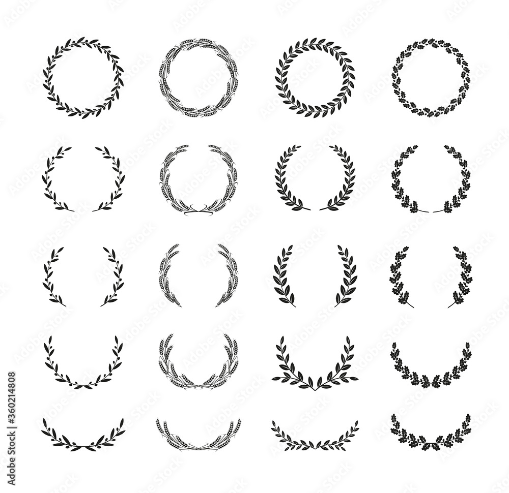 Set of different black and white silhouette round laurel foliate, wheat, oak and olive wreaths depicting an award, achievement, heraldry, nobility, emblem. Vector illustration. Set of different black and white silhouette round laurel foliate, wheat, oak and olive wreaths depicting an award, achievement, heraldry, nobility, emblem. Vector illustration.