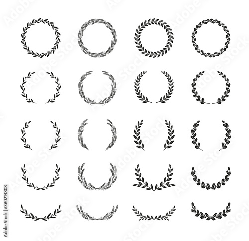 Set of different black and white silhouette round laurel foliate, wheat, oak and olive wreaths depicting an award, achievement, heraldry, nobility, emblem. Vector illustration.