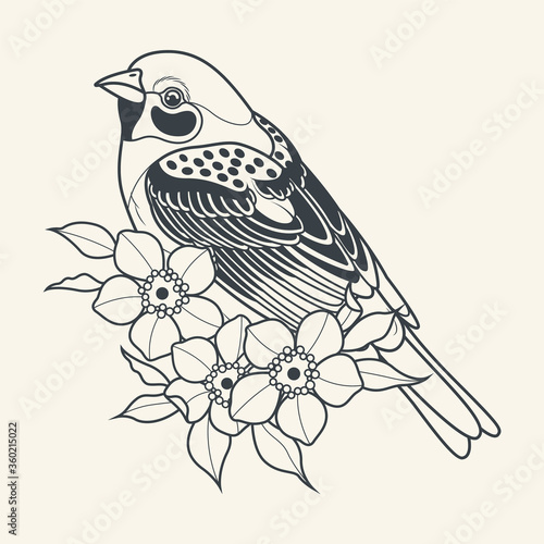 Sparrow and Cherry Flowers  Line Art Drawing Tattoo Design Style 