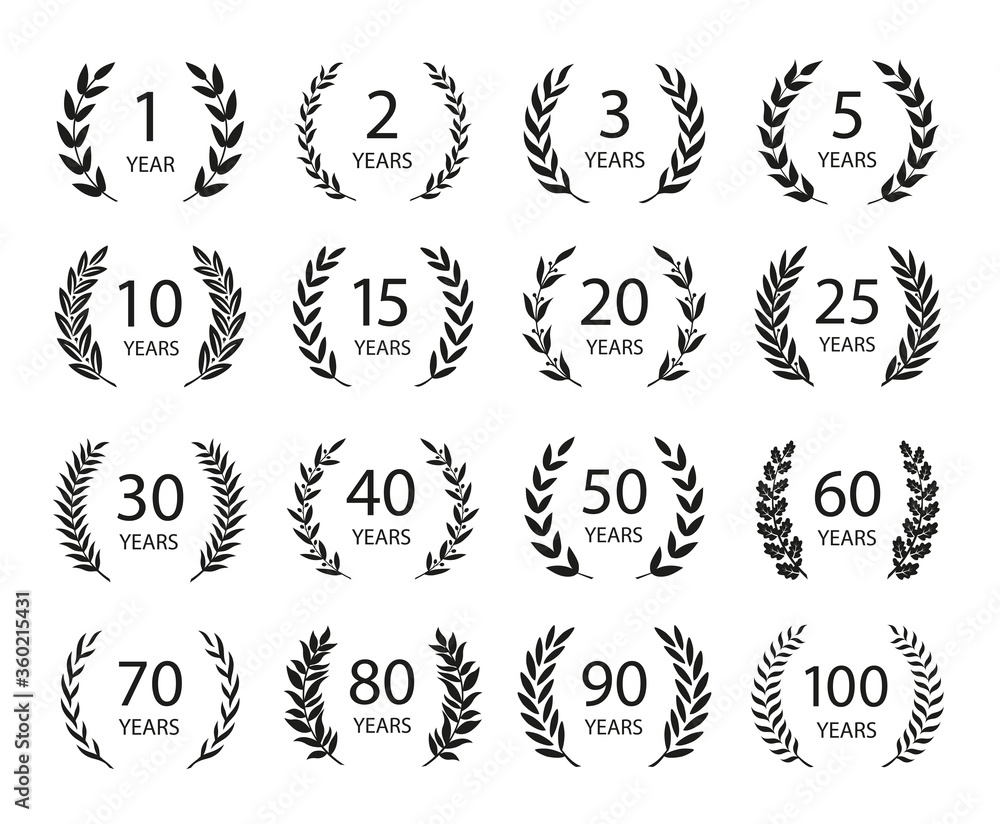 Set of anniversary laurel wreaths. Black and white anniversary symbols. 1,2,3, 5,10,15,20,25, 30,40,50,60,70,80,90,100 years. Template for award and congratulation design. Vector illustration. - obrazy, fototapety, plakaty 