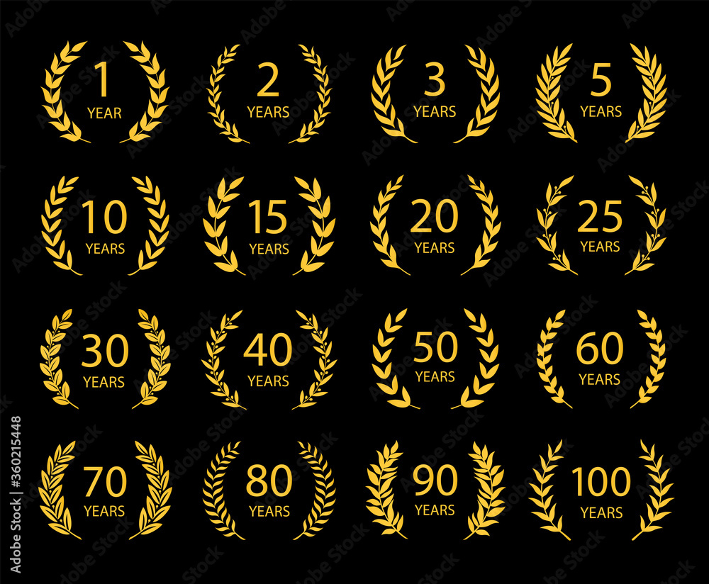 Fototapeta premium Set of anniversary laurel wreaths. Golden anniversary symbols on black background. 1,2,3,5,10,15,20,25, 30,40,50,60,70,80,90,100 years.Template for award and congratulation design Vector illustration