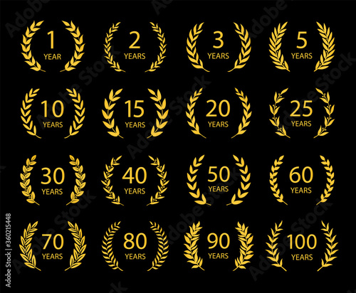 Set of anniversary laurel wreaths. Golden anniversary symbols on black background. 1,2,3,5,10,15,20,25, 30,40,50,60,70,80,90,100 years.Template for award and congratulation design Vector illustration © Michaelika