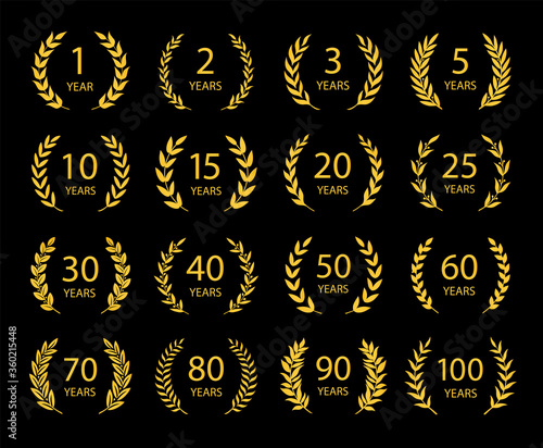 Set of anniversary laurel wreaths. Golden anniversary symbols on black background. 1,2,3,5,10,15,20,25, 30,40,50,60,70,80,90,100 years.Template for award and congratulation design Vector illustration