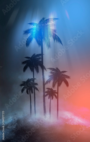 Fototapeta Naklejka Na Ścianę i Meble -  Empty dark tropical background of night sea beach, neon light, city lights. Silhouettes of tropical palm trees on a background of bright abstract sunset. Modern futuristic landscape. 3d illustration