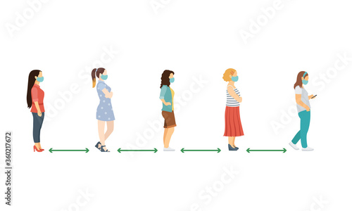 social distance. Full length of cartoon sick women in medical masks standing in line against at a safe distance of 2 meters or 6 feet. flat vector illustration